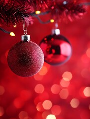 Aufkleber - Glittering Red Christmas Ball with Hints of Light on Festive Red Backdrop : Generative AI