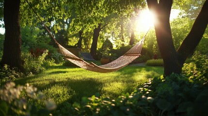 Poster - A peaceful scene of a hammock tied between two trees, swaying gently in the breeze