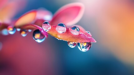 Poster - Exquisite View of Raindrops on Leaf with Pastel Colors in Macro Style : Generative AI