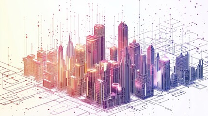 Fototapete - A vibrant smart city showcases innovative architecture linked by an AI network, demonstrating modern technology and urban planning. Generative AI