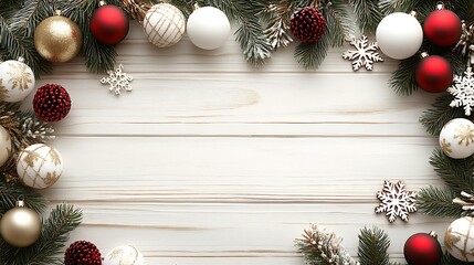 Aufkleber - Minimalist Christmas Decoration with Evergreen and Ornaments on Wood Background : Generative AI