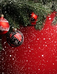 Aufkleber - Festive Red Christmas Ornaments and Evergreen Branches on a Snowy Background : Generative AI