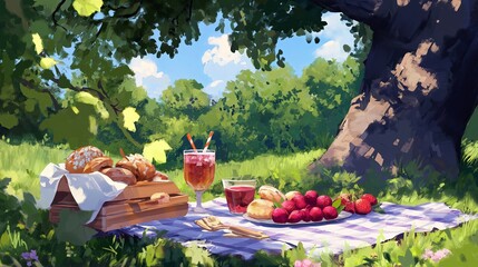 Poster - A picnic scene under a shady tree, featuring healthy snacks and drinks