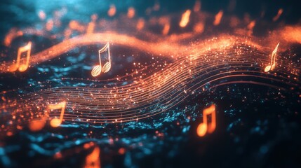 Wall Mural - Abstract Music Notes Glowing Orange and Blue Energy Waves