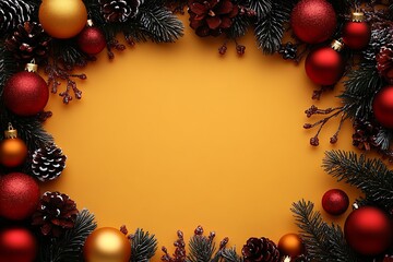 Poster - Christmas Wreath with Red Gold Baubles and Pinecones on Orange Background : Generative AI