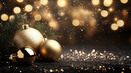 Aufkleber - Glittering Golden Christmas Ornaments with Pine Branch and Sparkling Bokeh Lights : Generative AI