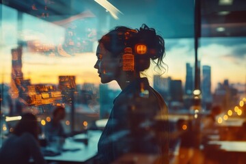 Poster - A silhouette of a woman against a cityscape at sunset, reflecting on urban life.