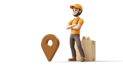 Poster - A cartoon delivery person stands next to a location pin and a cardboard box.