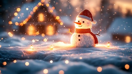 Poster - Festive Snowman with Red Hat in Front of Cozy Lit Cabin at Nighttime : Generative AI
