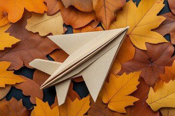 a carefully crafted paper aeroplane resting on a patch of vibrant autumn leaves