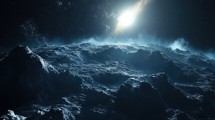 Poster - Stunning view of a celestial landscape with distant galaxy illuminated in the night sky over a rocky terrain. Generative AI