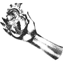 Fototapete - Hand holding heart with halftone stipple effect, for grunge punk y2k collage design. Vector illustration in grainy photocopy texture for experimental dotted retro banner design