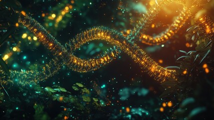 Wall Mural - Glowing Golden Particles, Mystical Forest, Teal Lights, Dark Nature