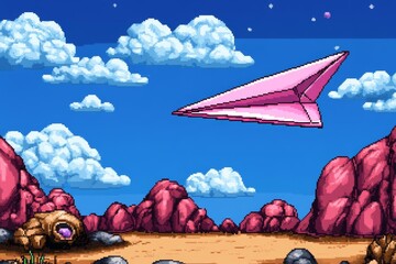 Poster - A pixel art rendition of a colorful paper aeroplane flying through a retro game sky filled with pixelated clouds