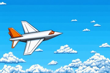 Poster - A pixel art rendition of a colorful paper aeroplane flying through a retro game sky filled with pixelated clouds