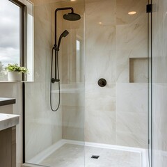 Glass-enclosed shower with marble walls, rainfall head, spa-like spaciousness