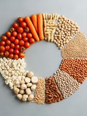 Aufkleber - A vibrant circle showcases fresh tomatoes, carrots, grains, and legumes arranged beautifully, highlighting healthy eating options. Generative AI