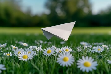 a whimsical paper aeroplane floating above a patch of daisies in a grassy field
