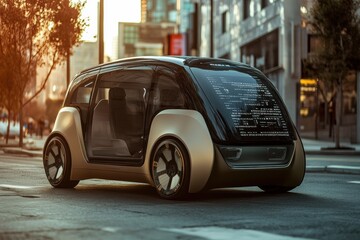 Aufkleber - A self-driving car operates smoothly in a busy urban environment, demonstrating cutting-edge AI technology as the sun sets. Generative AI