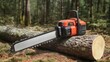 © sablengjago - Chainsaw resting on freshly cut log in forest setting