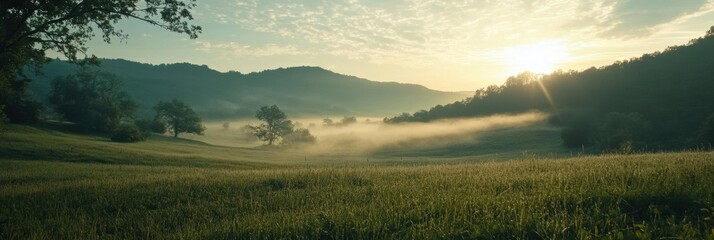 Aufkleber - Soft sunlight illuminates the mist hovering over green hills as the day begins in a tranquil countryside setting. Generative AI