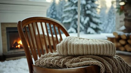 Canvas Print - Winter mockup of a plain sweater folded on a rustic wooden chair by a roaring fireplace, with snow-covered trees visible outside. . 4K Video