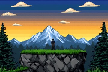 Poster - Pixel art of an adventurer climbing a mountain in a retro video game style, with bright pixelated landscapes