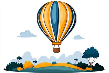 Poster - Simple 2D drawing of a hot air balloon floating over rolling hills, vibrant and fun on a clean white background