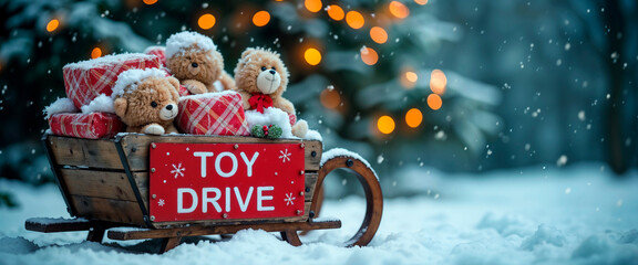 Wooden sled filled with wrapped toys and teddy bears in a snowy outdoor scene for toy drive