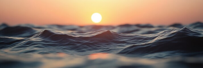 Poster - Waves gently ripple as the sun sets on the horizon, casting warm hues across the water during a tranquil evening. Generative AI