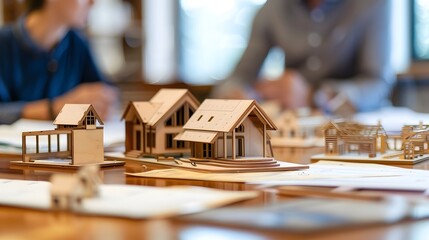Aufkleber - Wooden Architectural Models on a Table with People Collaborating in Background, Showcasing Creative Process of Design and Building Construction