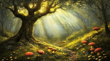 Wall Mural - Tranquil forest floor scattered with mushrooms, soft sunlight and blank space for text