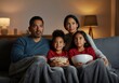 © Alexandra - Happy latin family of four enjoying a movie night at home, eating popcorn and relaxing on the sofa