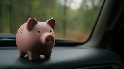 A pink piggy bank sits on a car dashboard in a forest setting