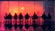 © Tcukimay - Silhouetted businesspeople in a meeting room overlooking a vibrant cityscape at night.  Data and graphs are visible on the windows.