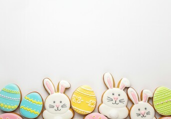 Wall Mural - Colorful easter bunny and egg shaped cookies forming a bottom border on a white background, perfect for springtime celebrations
