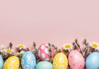 Wall Mural - Easter eggs with floral patterns and pussy willow branches create a cheerful border on a pink backdrop, celebrating the arrival of spring