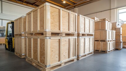 Poster - Wooden Crates Stacked on Pallets Inside Warehouse