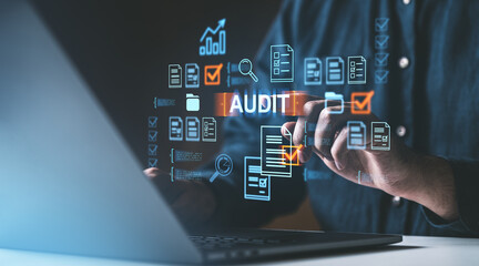 Poster - Person interacts with digital audit interface, features checklists and documents, on a tech-themed background, concept of quality assurance