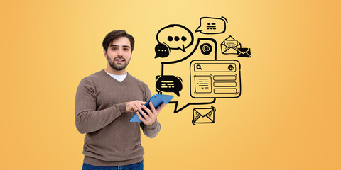 Poster - Man holding tablet, surrounded by digital communication icons on