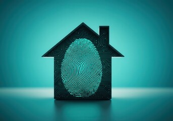 Poster - Glowing fingerprint securing a smart home, representing advanced security technology in a futuristic setting