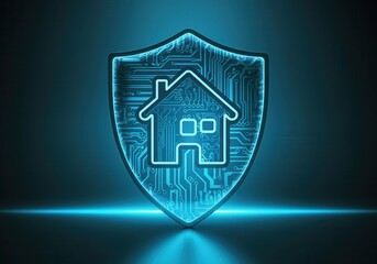 Poster - Futuristic glowing shield protecting smart home with circuit board pattern, representing digital home security