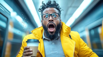 man expresses shock while holding a coffee cup on a subway train during the rush hour, surrounded by a modern urban environment