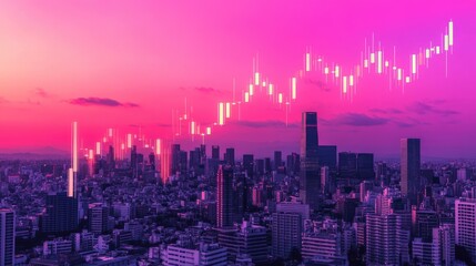 Aufkleber - A glowing stock chart intersecting a futuristic urban skyline, showcasing investment potential in real estate markets.