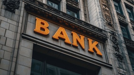 Poster - A high-tech BANK sign in glowing letters on a sleek building, framed by futuristic architecture and urban design.