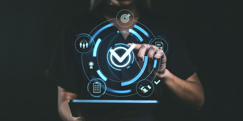Poster - person using tablet with digital checklist interface, futuristic