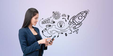 Poster - Woman with phone and startup concept illustrations.