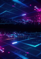 Poster - Pink and blue neon lines and particles flow through a dark digital space, creating a dynamic and futuristic visual effect