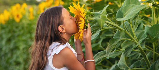 Wall Mural - Child in a field of sunflowers. Selective focus.