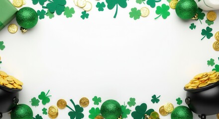 Wall Mural - Saint patrick's day border made of green shamrocks, gold chocolate coins, green gift and baubles on white background with copy space